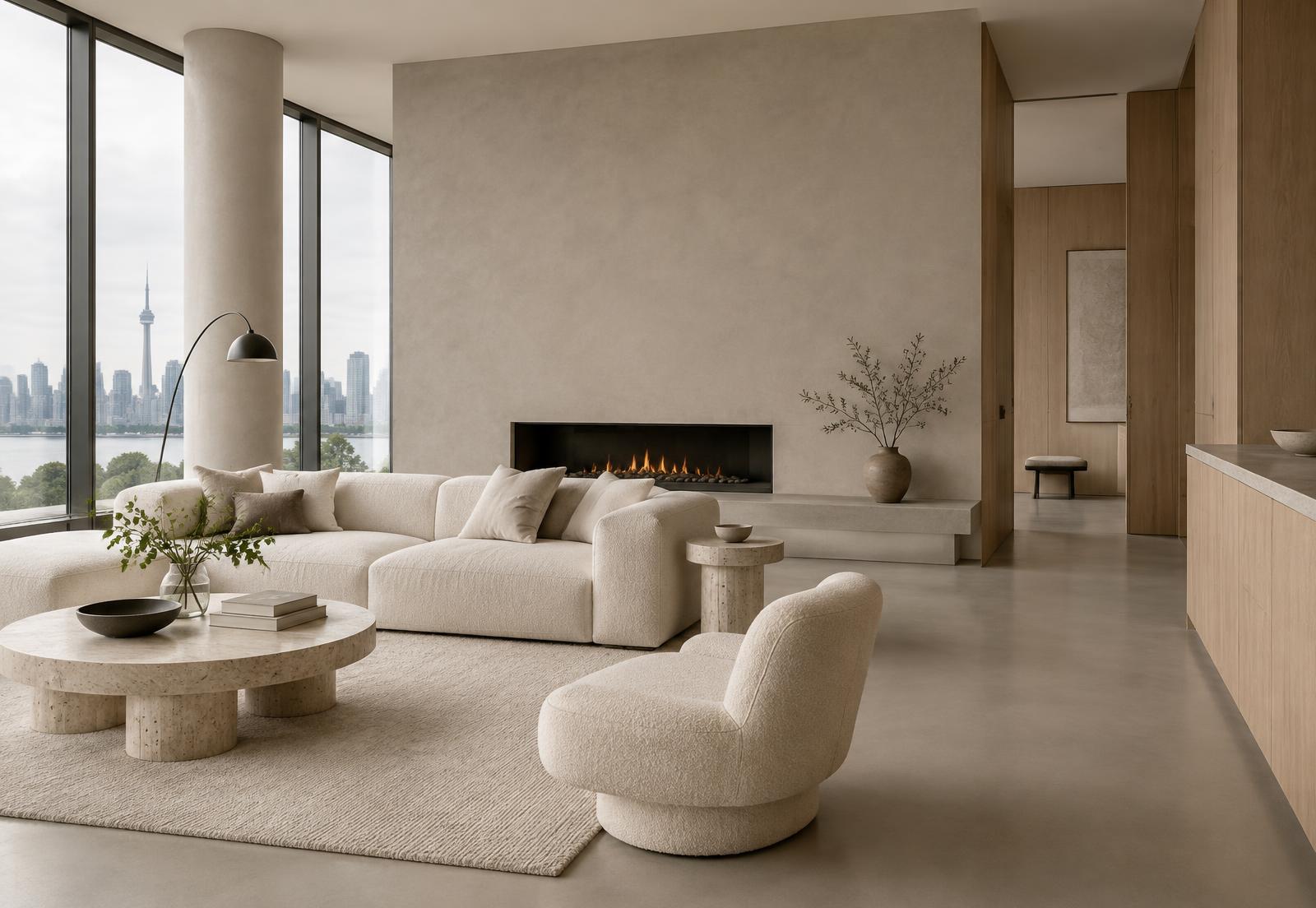 Contemporary living space with seamless mineral surfaces and warm architectural finishes